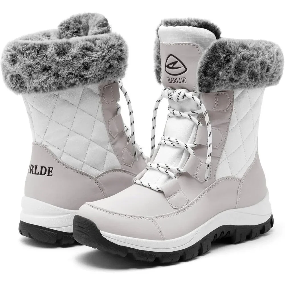 Women’s White Waterproof Snow Boots Mid-Calf Faux Fur Lined Non-Slip - Picture 3 of 9